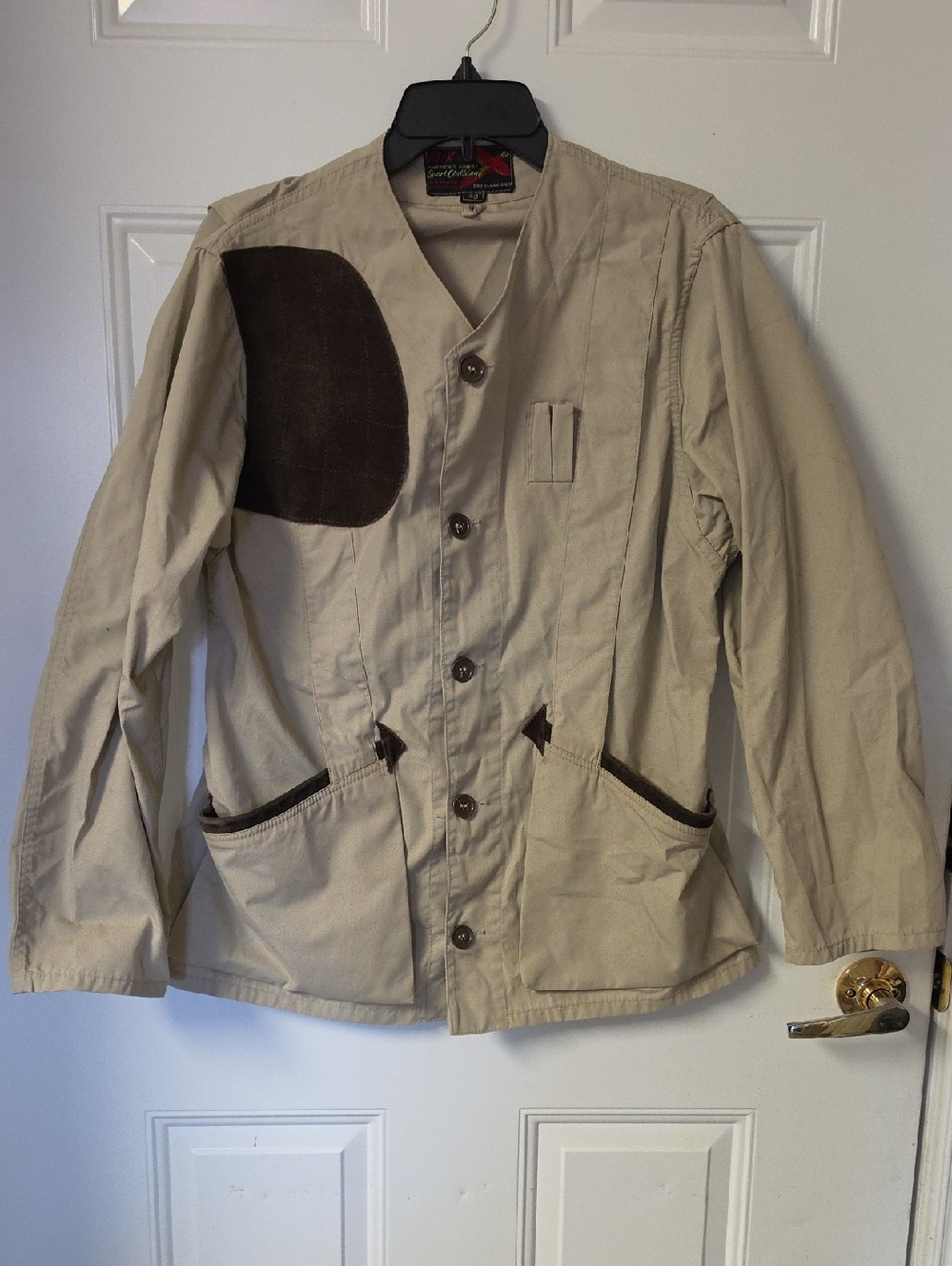 Men's Lightweight Beige Shirt Jacket with Brown Elbow Patch